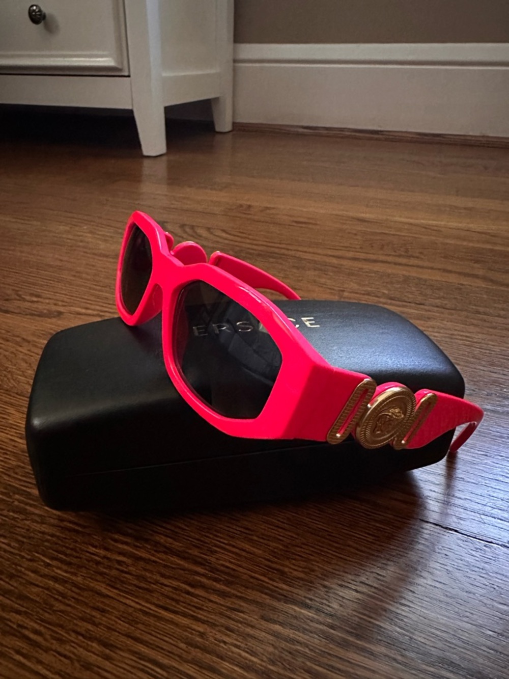 Versace Neon Pink Sunglasses with Gold Medallion Temples